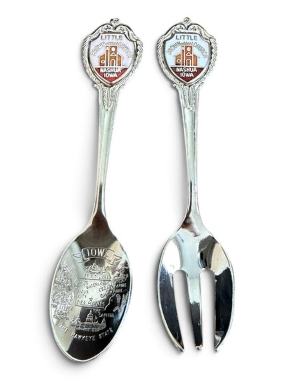 Vintage Little Brown Church Nashua Iowa Souvenir Spoon & Fork Set – Excellent Co